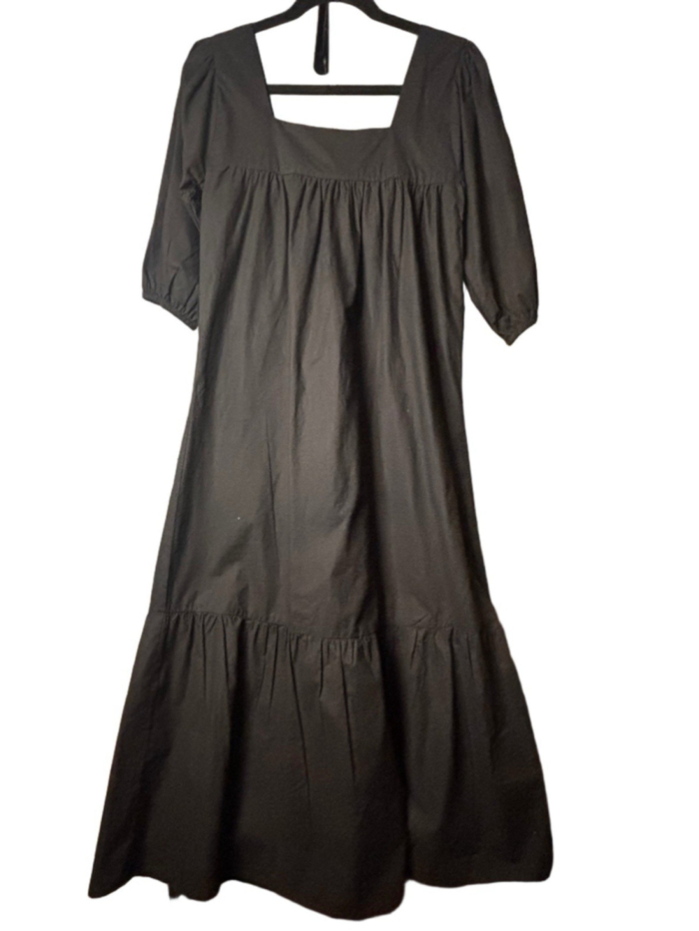 Sin & Sam Black Cotton Midi Dress S Square Neck Puff Sleeve Cottagecore